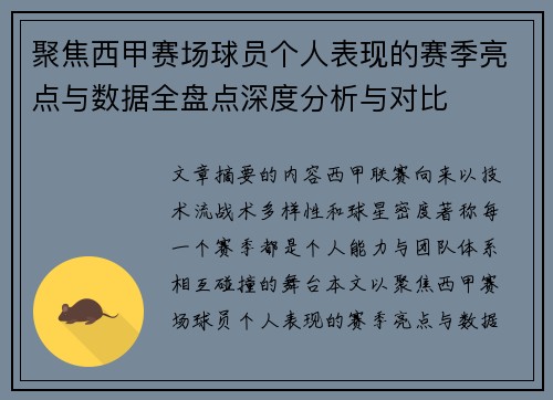 聚焦西甲赛场球员个人表现的赛季亮点与数据全盘点深度分析与对比